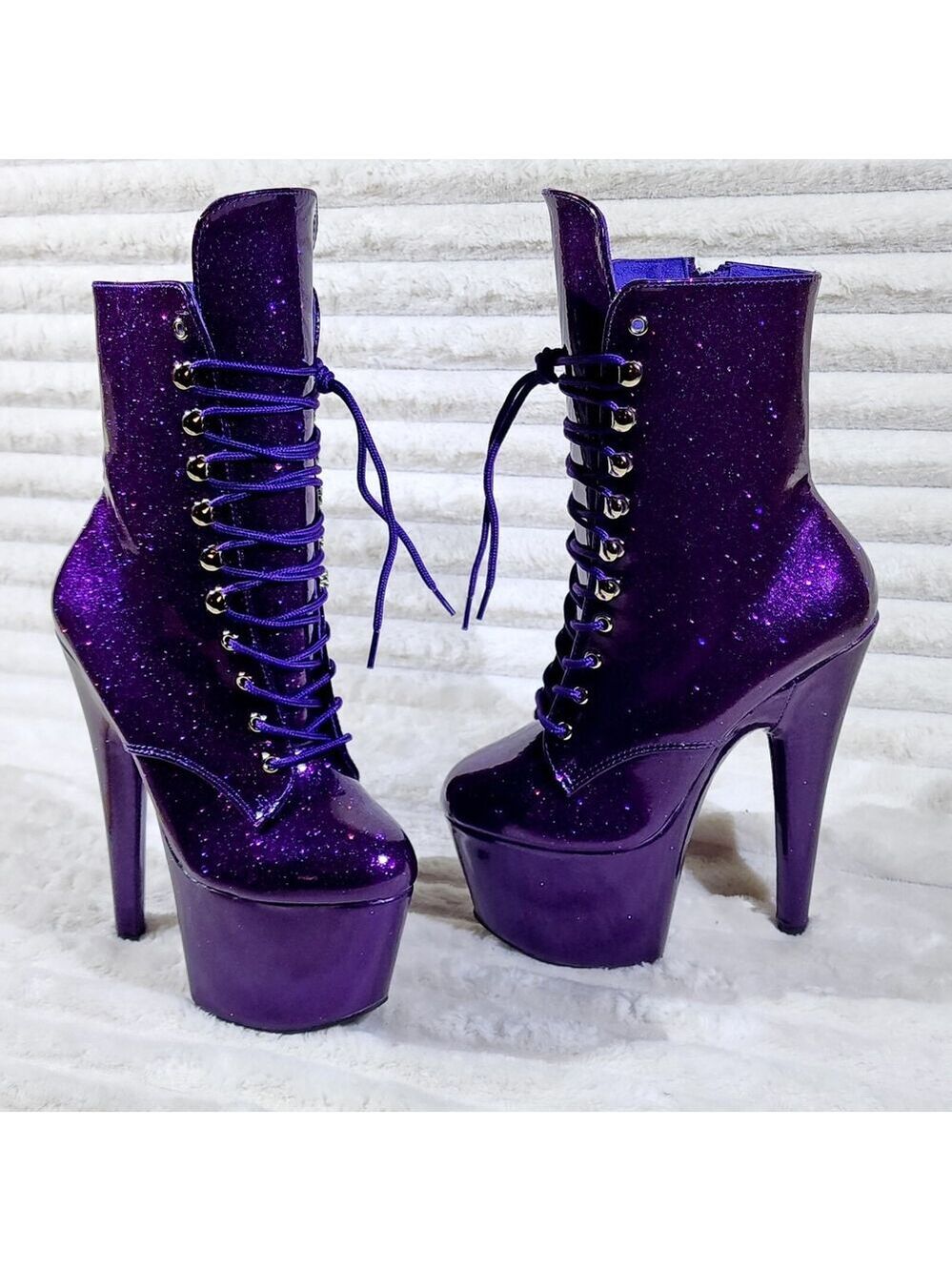 NIB Adore 1020GP Purple Glitter Patent 7" High Heel Platform Ankle Boots - Picture 2 of 12